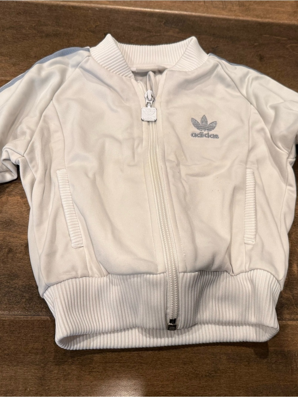 adidas White Kids Track Jacket with Light Blue Logo